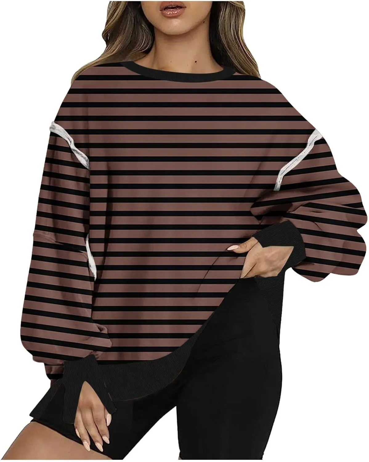 Womens Oversize Striped Sweatshirts Crew Neck Long Sleeve Top Patchwork Hoodie Irregular Hem Pullover Fall Clothes