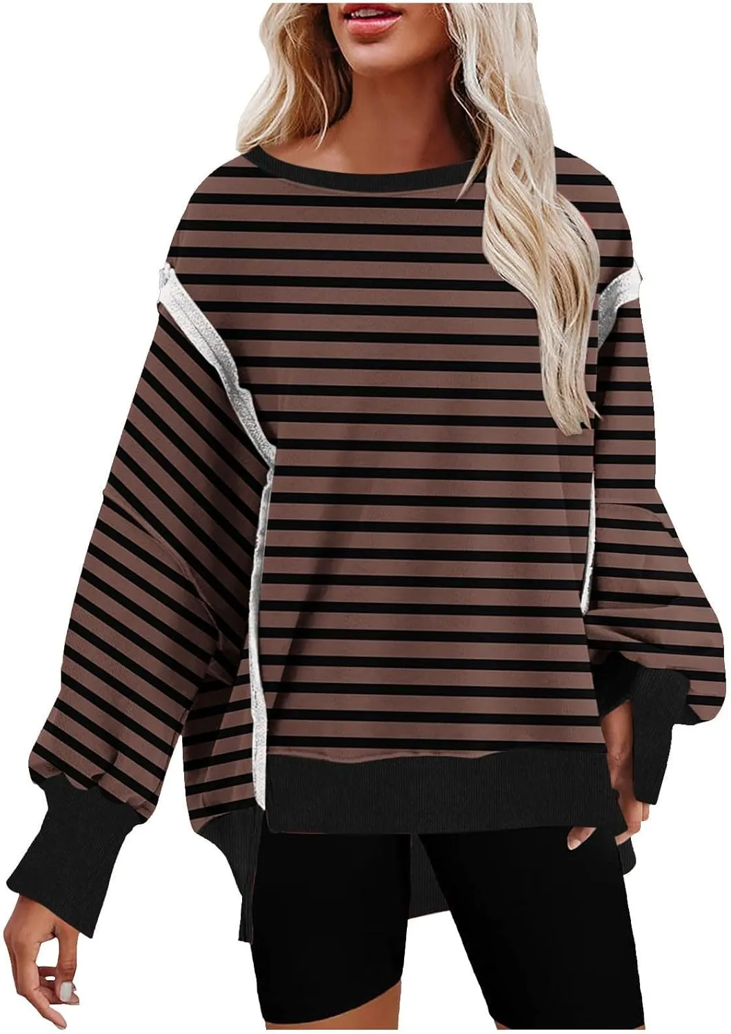 Womens Oversize Striped Sweatshirts Crew Neck Long Sleeve Top Patchwork Hoodie Irregular Hem Pullover Fall Clothes