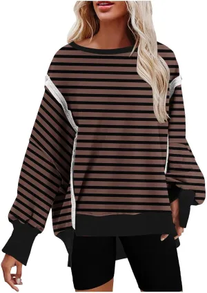Womens Oversize Striped Sweatshirts Crew Neck Long Sleeve Top Patchwork Hoodie Irregular Hem Pullover Fall Clothes