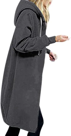 Women's Oversized Long Full Zip Hoodies Winter Warm Sweatshirts Fleece Jacket Fashion Long Sleeve Clothes Pockets