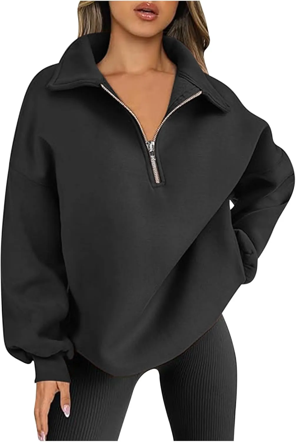 Women's Oversized Quarter Half Zip Hoodies Sweatshirt,Casual V Neck Long Sleeve Pullover Tunic Comfy Basic Tops