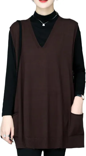Women's Oversized Sweater Vest Fall V Neck Sleeveless Pullover Sweater Loose Knitted Tunic Tops with Pockets