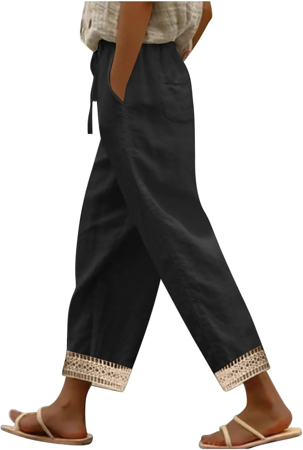Women's Palazzo Pants Summer Casual Linen Cotton Elastic Waist Baggy Flowy Trousers Vacation Outfits with Pockets