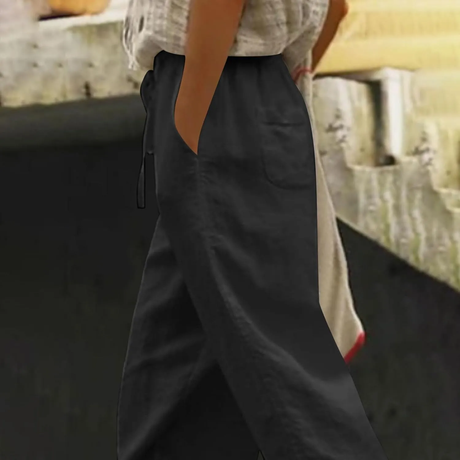 Women's Palazzo Pants Summer Casual Linen Cotton Elastic Waist Baggy Flowy Trousers Vacation Outfits with Pockets
