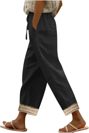Women's Palazzo Pants Summer Casual Linen Cotton Elastic Waist Baggy Flowy Trousers Vacation Outfits with Pockets