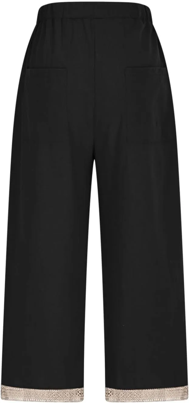Women's Palazzo Pants Summer Casual Linen Cotton Elastic Waist Baggy Flowy Trousers Vacation Outfits with Pockets