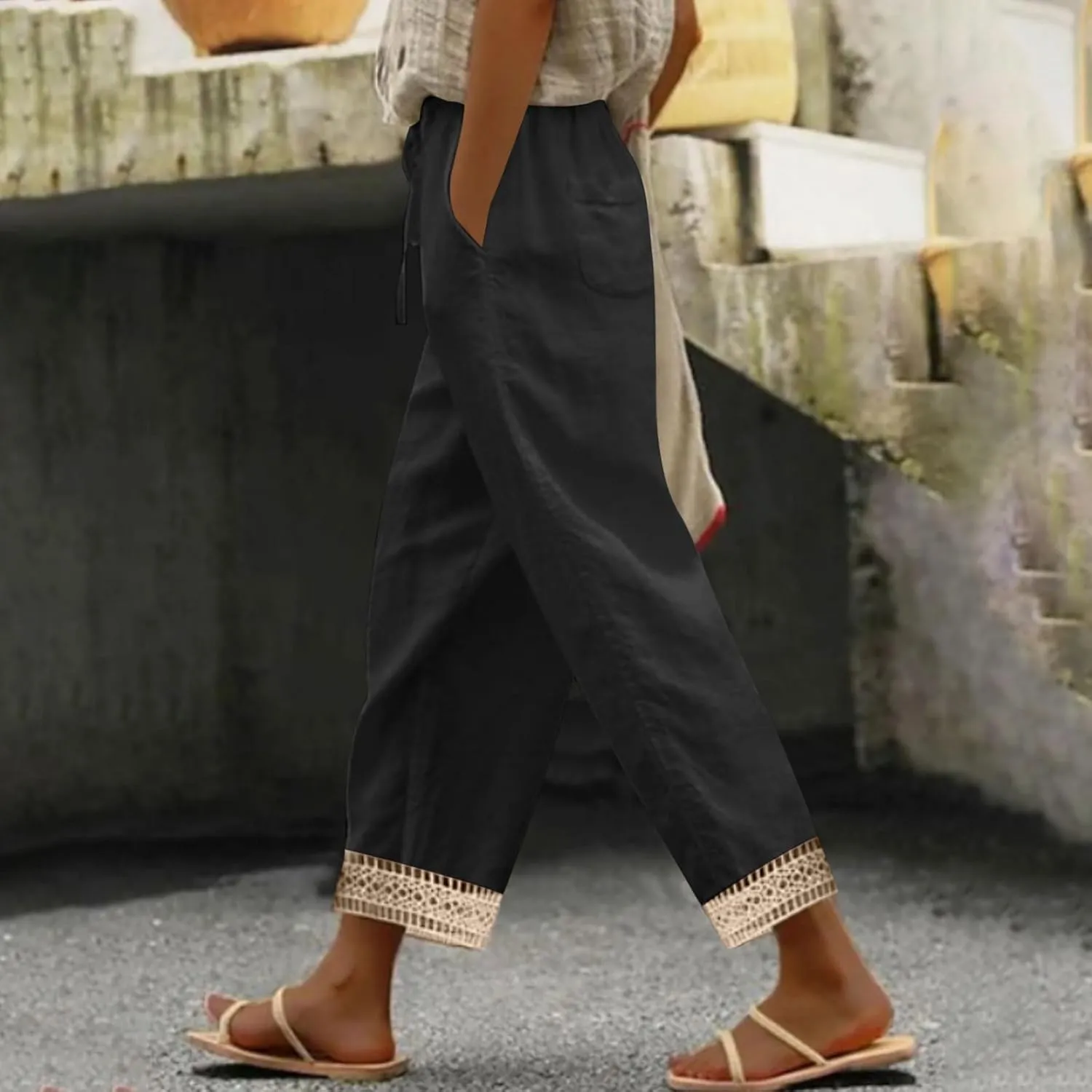 Women's Palazzo Pants Summer Casual Linen Cotton Elastic Waist Baggy Flowy Trousers Vacation Outfits with Pockets