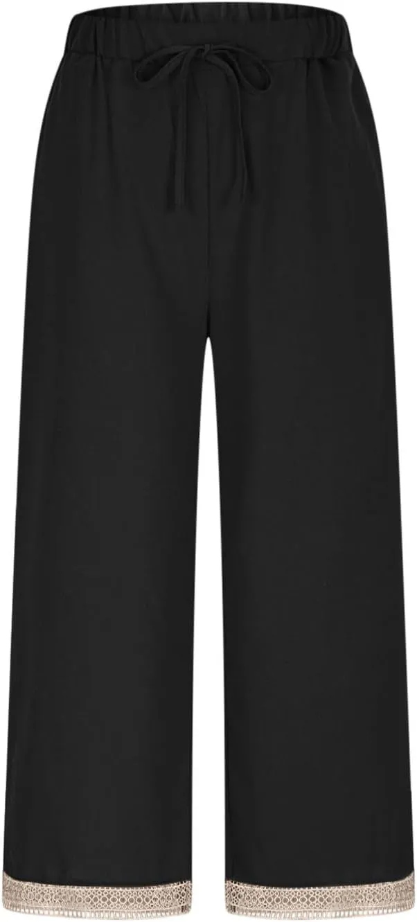 Women's Palazzo Pants Summer Casual Linen Cotton Elastic Waist Baggy Flowy Trousers Vacation Outfits with Pockets