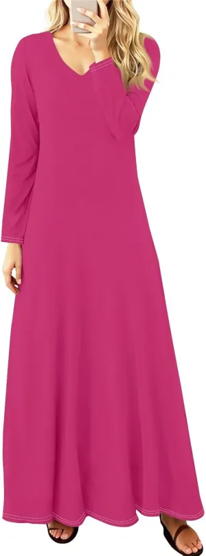 Women's Party Dresses 2025 Summer Casual Loose Trendy V-Neck Long Sleeve Solid Boho Floral Print Maxi Dress Plus Size, S-3XL