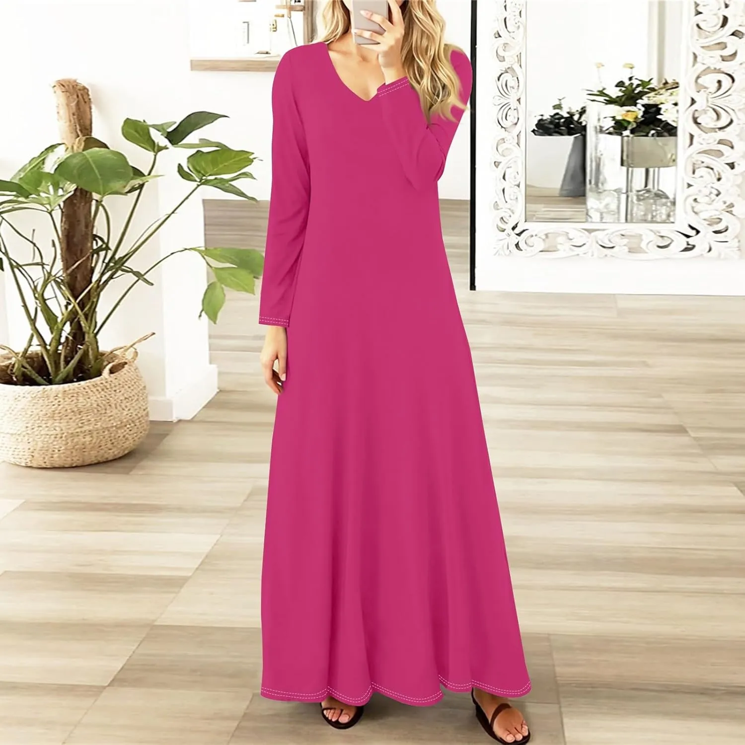 Women's Party Dresses 2025 Summer Casual Loose Trendy V-Neck Long Sleeve Solid Boho Floral Print Maxi Dress Plus Size, S-3XL