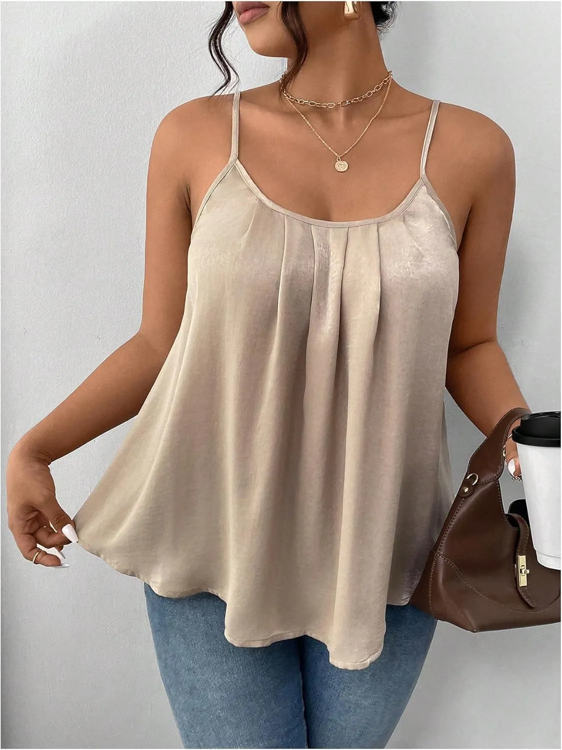 Women's Plus Size Plicated Camisole Tops Scoop Neck Flowy Spaghetti Strap Tank Top