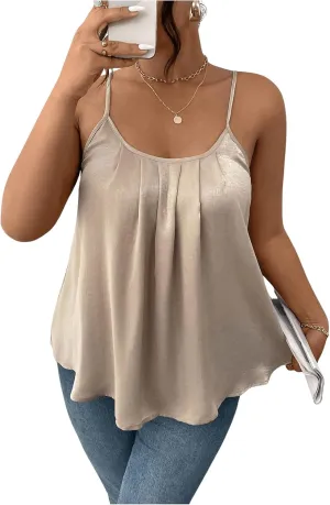 Women's Plus Size Plicated Camisole Tops Scoop Neck Flowy Spaghetti Strap Tank Top