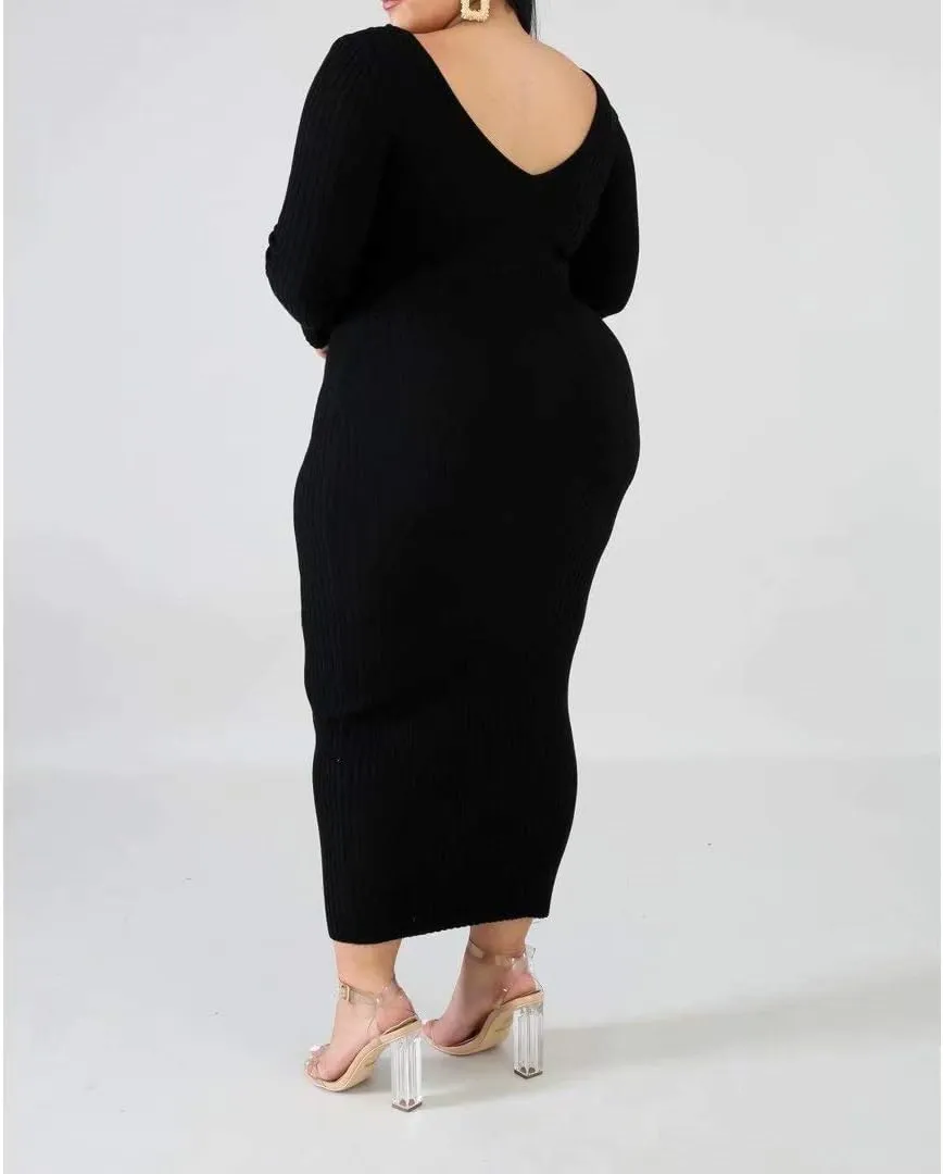Women's Plus Size Sexy Stretchable Long Sleeve Maxi Sweater Off Shoulder Knit Slim Fit Dress