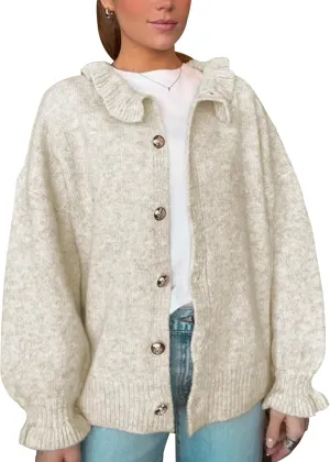 Womens Ruffle Cuff Cardigan Button Up Ribbed Floral Collar Open Front Long Sleeve Loose Knitwear Sweater