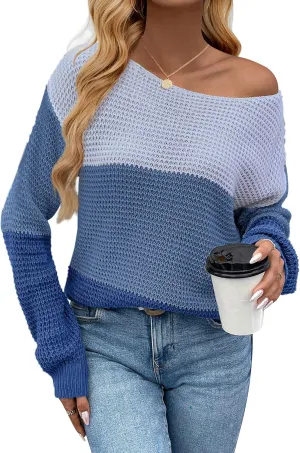 Womens Sexy Off The Shoulder Sweater Spring 2025 Trendy Lightweight Cute Crochet Knit Color Block Pullover Top