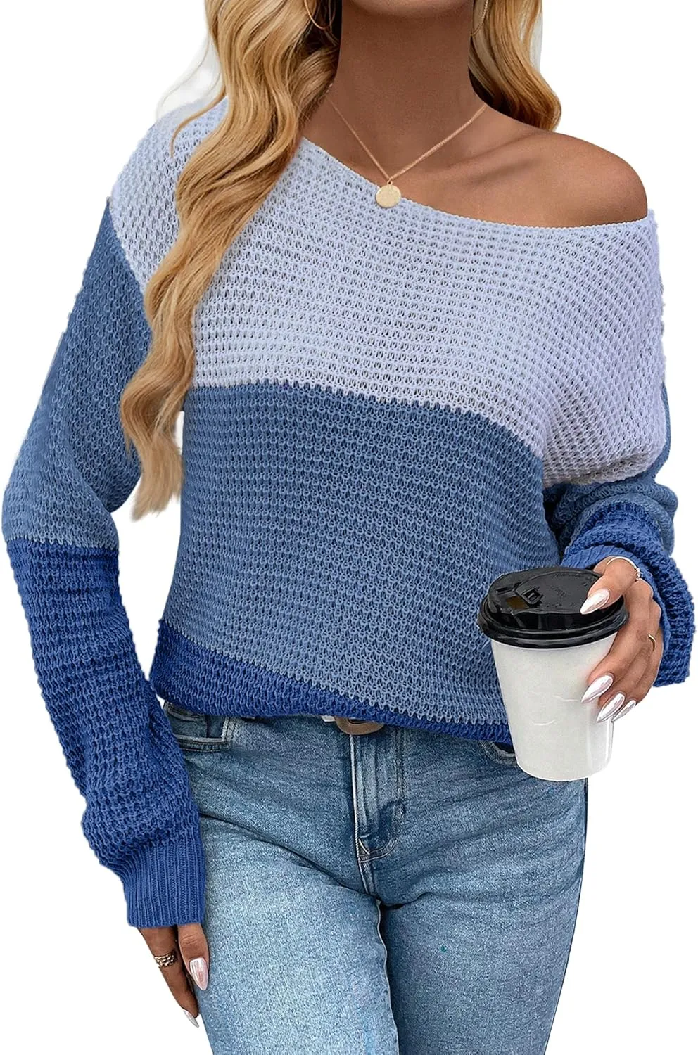 Womens Sexy Off The Shoulder Sweater Spring 2025 Trendy Lightweight Cute Crochet Knit Color Block Pullover Top