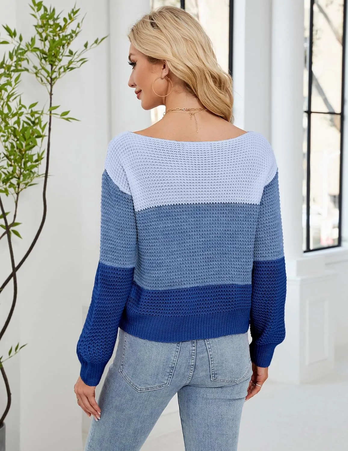 Womens Sexy Off The Shoulder Sweater Spring 2025 Trendy Lightweight Cute Crochet Knit Color Block Pullover Top
