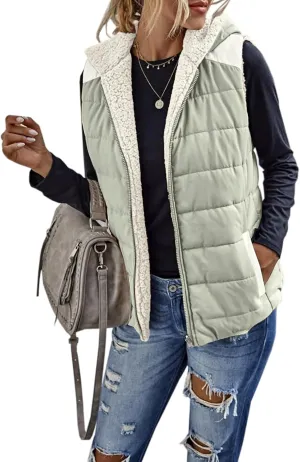 Womens Sherpa Fleece Full Zip Reversible Vest Warm Color Block Hoodie Outwear with Pocket