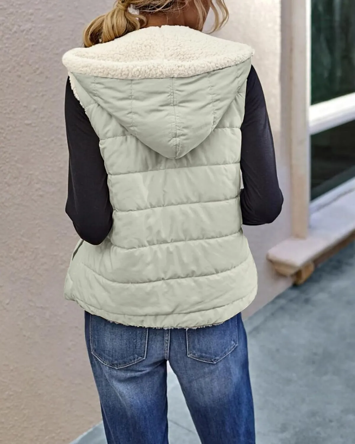 Womens Sherpa Fleece Full Zip Reversible Vest Warm Color Block Hoodie Outwear with Pocket