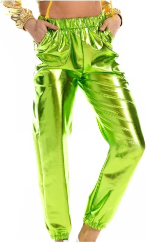 Womens Shiny Metallic High Waist Stretchy Jogger Pants Hip Hop Clubwear Holographic Trousers Sweatpant for 70s 80s