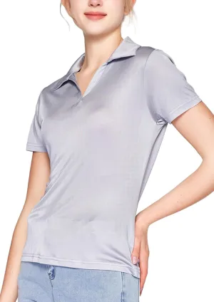 Women's Silk Polo Shirts Collar V Neck Golf Tee Top Short Sleeve Business Casual Tunic Blouses
