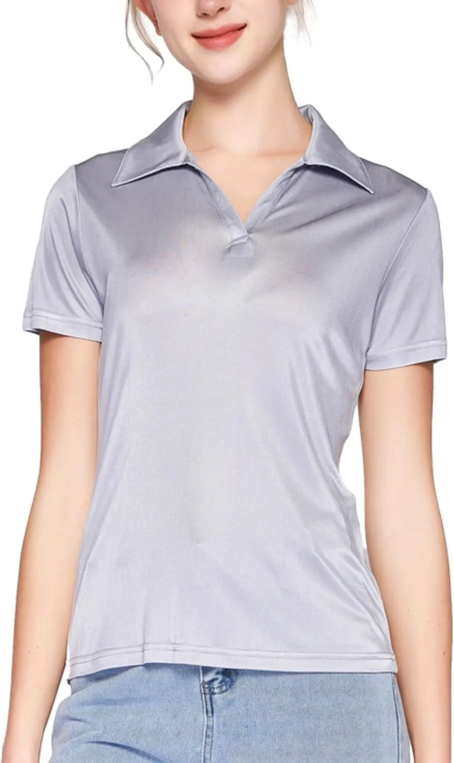Women's Silk Polo Shirts Collar V Neck Golf Tee Top Short Sleeve Business Casual Tunic Blouses