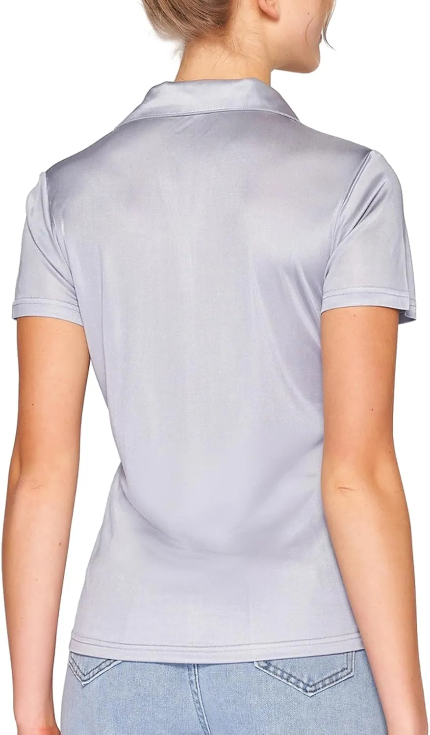 Women's Silk Polo Shirts Collar V Neck Golf Tee Top Short Sleeve Business Casual Tunic Blouses