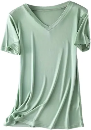 Womens Silk T Shirt Short Sleeve V-Neck Top Undershirt Breathable Mulberry Silk Tee Basic Tops