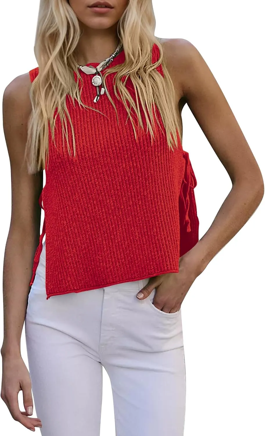 Womens Sleeveless Ribbed Knit Sweater Tank Top Split Tie Side Crew Neck Vest Shirt Beach Vacation Y2k Going Out Tops