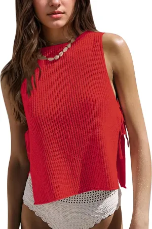 Womens Sleeveless Ribbed Knit Sweater Tank Top Split Tie Side Crew Neck Vest Shirt Beach Vacation Y2k Going Out Tops