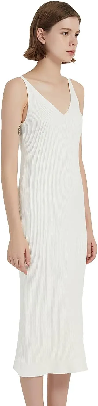 Women's Sleeveless Sweater Dress Knit Slim V Neck Bodycon Midi Stretchable Elasticity Slim Fits