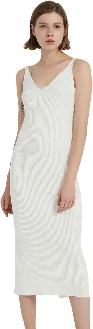 Women's Sleeveless Sweater Dress Knit Slim V Neck Bodycon Midi Stretchable Elasticity Slim Fits