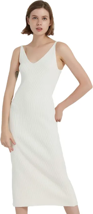 Women's Sleeveless Sweater Dress Knit Slim V Neck Bodycon Midi Stretchable Elasticity Slim Fits
