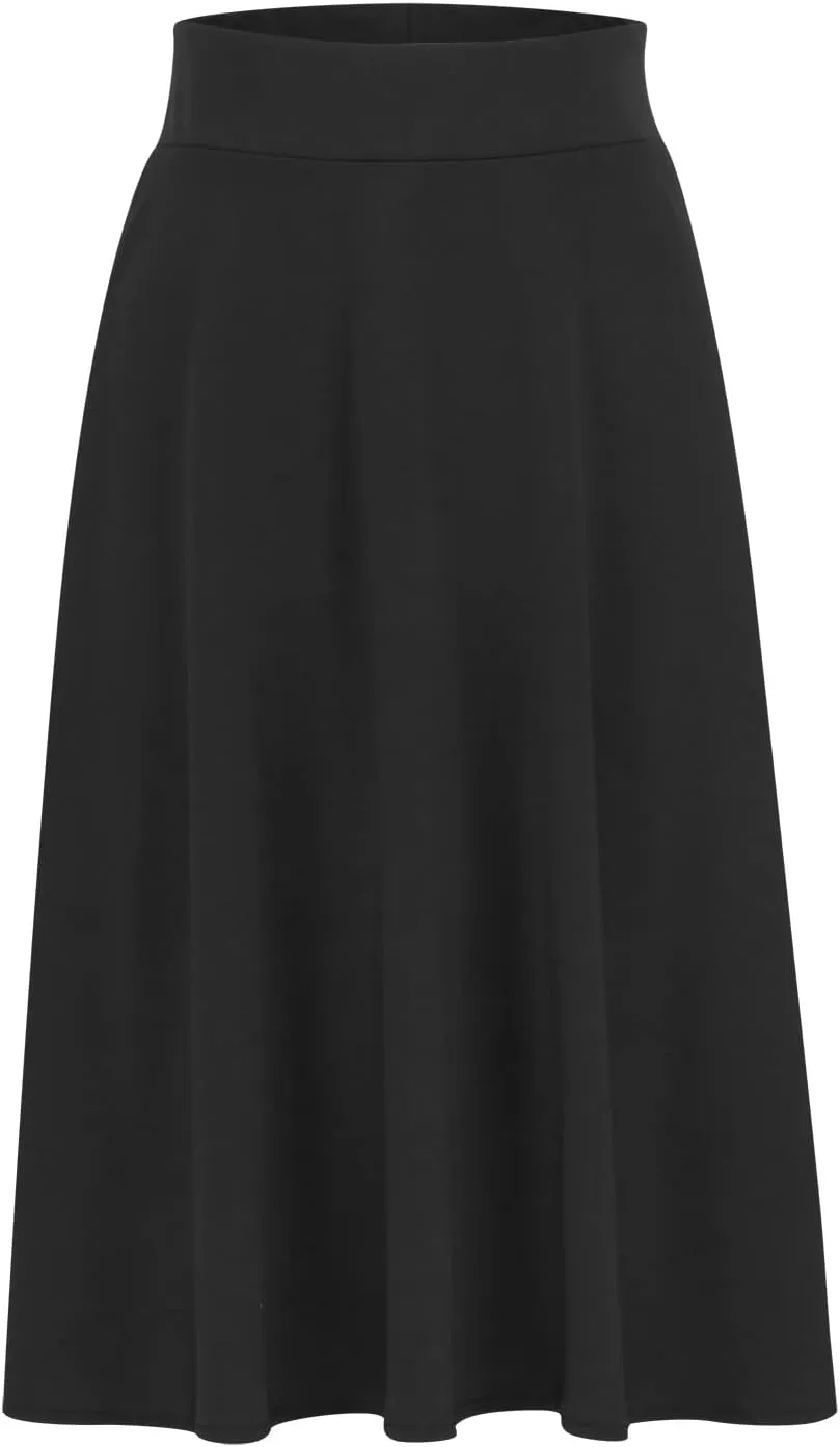 Women's Solid Color A-Line Skirts Elastic High Waist Flare Work Midi Skirts Knee Length Stretchy Skirts Dress