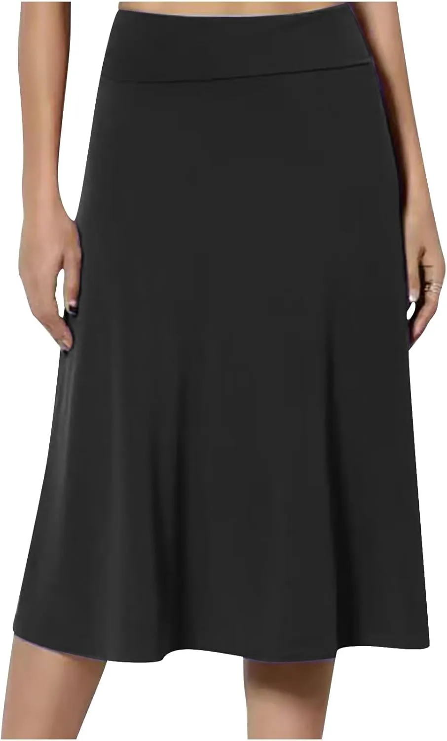 Women's Solid Color A-Line Skirts Elastic High Waist Flare Work Midi Skirts Knee Length Stretchy Skirts Dress