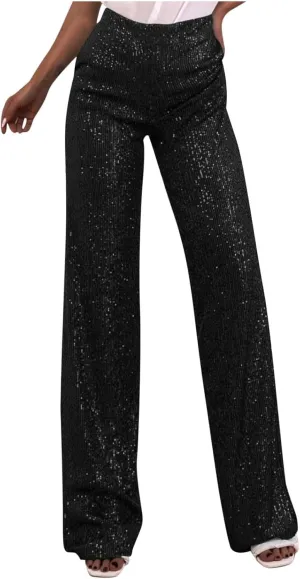 Women's Sparkle Sequin Wide Leg Pants High Waist Shiny Party Clubwear Bling Glitter Trousers Loose Flare Bottom Pants