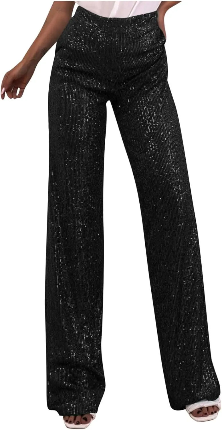 Women's Sparkle Sequin Wide Leg Pants High Waist Shiny Party Clubwear Bling Glitter Trousers Loose Flare Bottom Pants