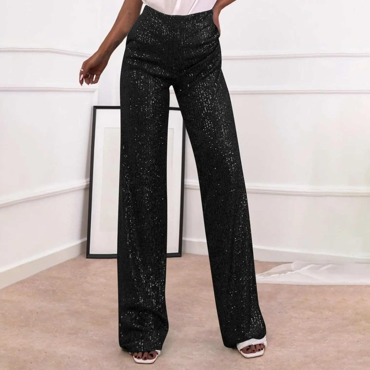Women's Sparkle Sequin Wide Leg Pants High Waist Shiny Party Clubwear Bling Glitter Trousers Loose Flare Bottom Pants