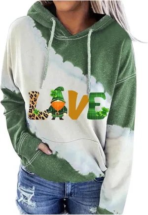 Womens St. Patrick's Day Clover Print Hoodie Casual Long Sleeve Sweatshirt Irish Shamrock Pullover Oversized Shirts Tops