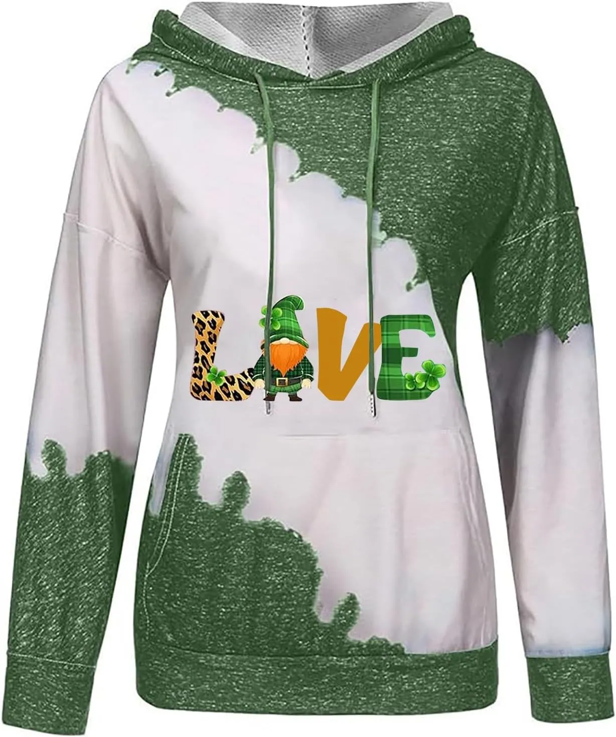 Womens St. Patrick's Day Clover Print Hoodie Casual Long Sleeve Sweatshirt Irish Shamrock Pullover Oversized Shirts Tops