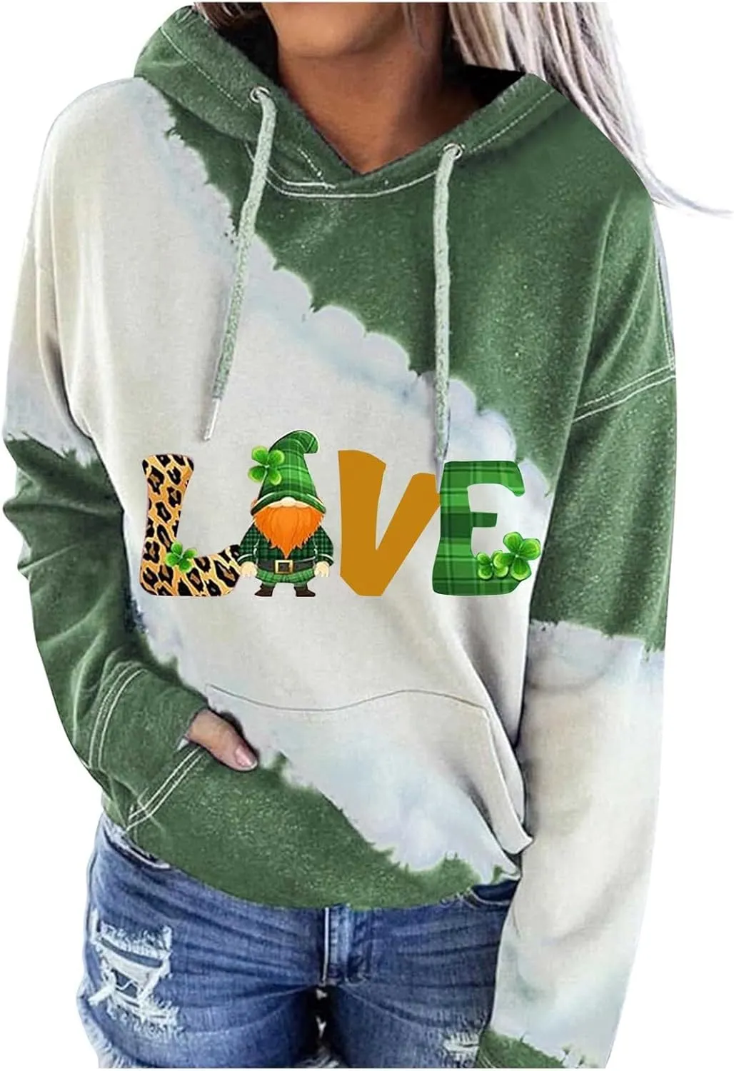 Womens St. Patrick's Day Clover Print Hoodie Casual Long Sleeve Sweatshirt Irish Shamrock Pullover Oversized Shirts Tops