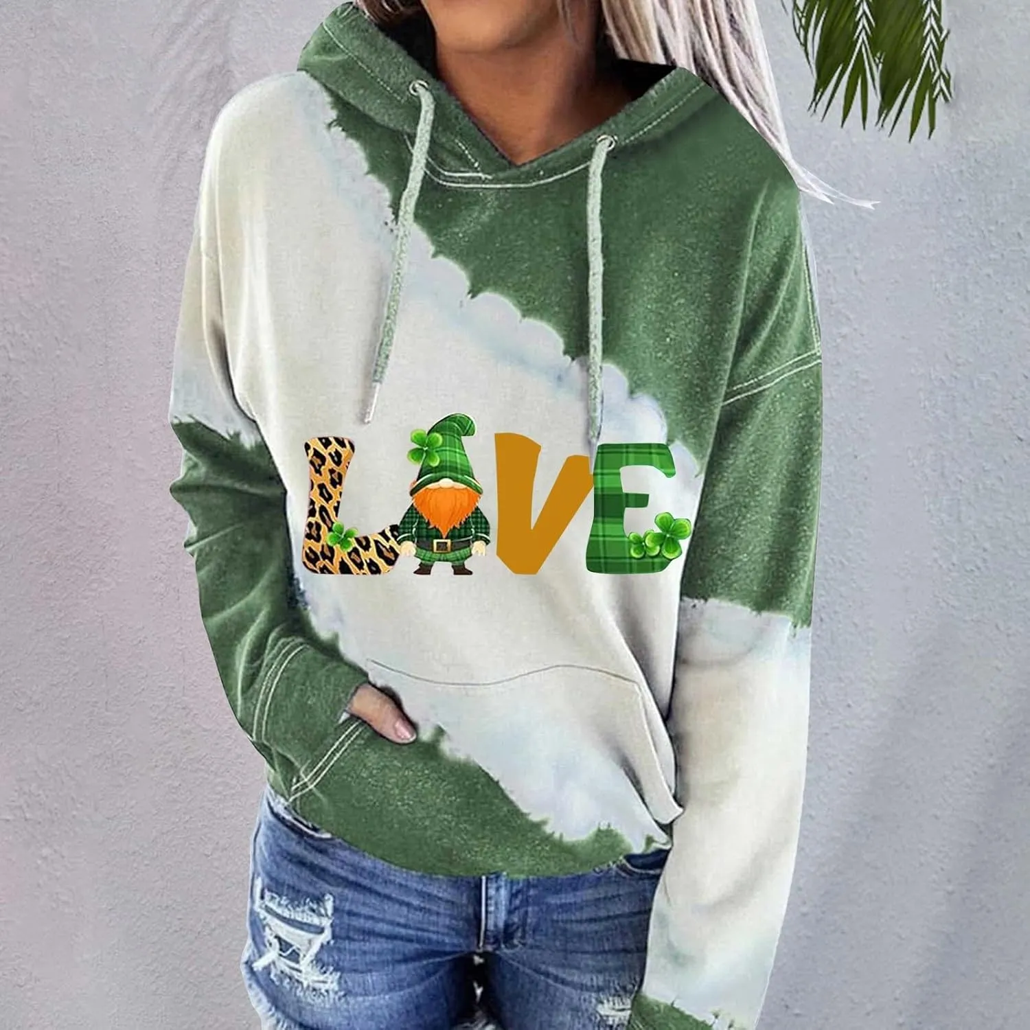 Womens St. Patrick's Day Clover Print Hoodie Casual Long Sleeve Sweatshirt Irish Shamrock Pullover Oversized Shirts Tops
