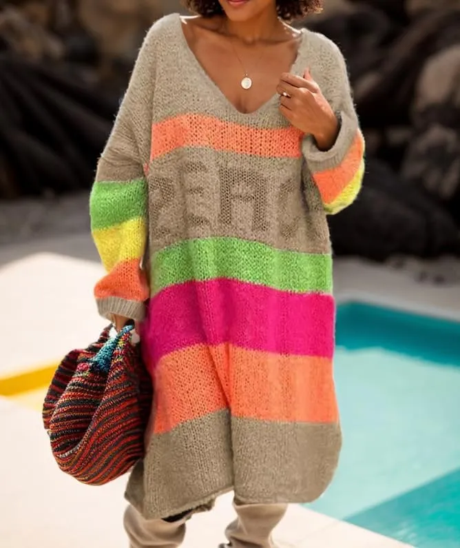 Women's Striped Sweater Pullover Dress - Oversized V-Neck Long Sleeve Knit Midi Dress - Casual Drop Shoulder