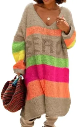 Women's Striped Sweater Pullover Dress - Oversized V-Neck Long Sleeve Knit Midi Dress - Casual Drop Shoulder