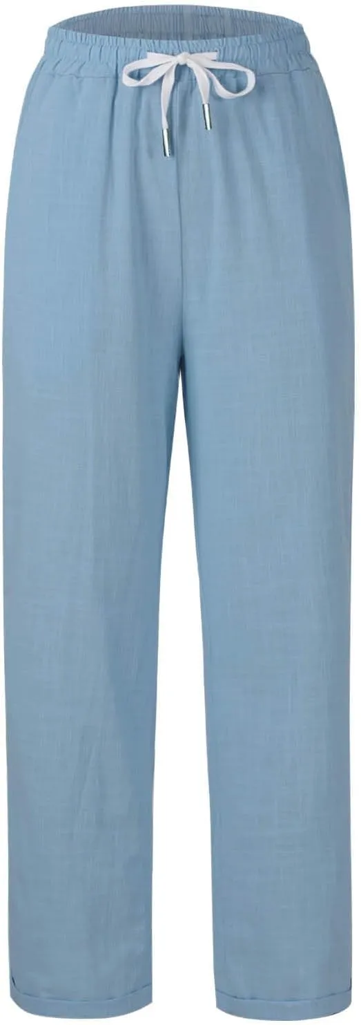 Women's Summer Casual Linen Pants Drawstring Elastic Waist Loose Fit Straight Leg Pants Comfy Beach Trousers with Pockets