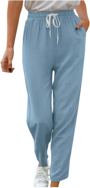 Women's Summer Casual Linen Pants Drawstring Elastic Waist Loose Fit Straight Leg Pants Comfy Beach Trousers with Pockets