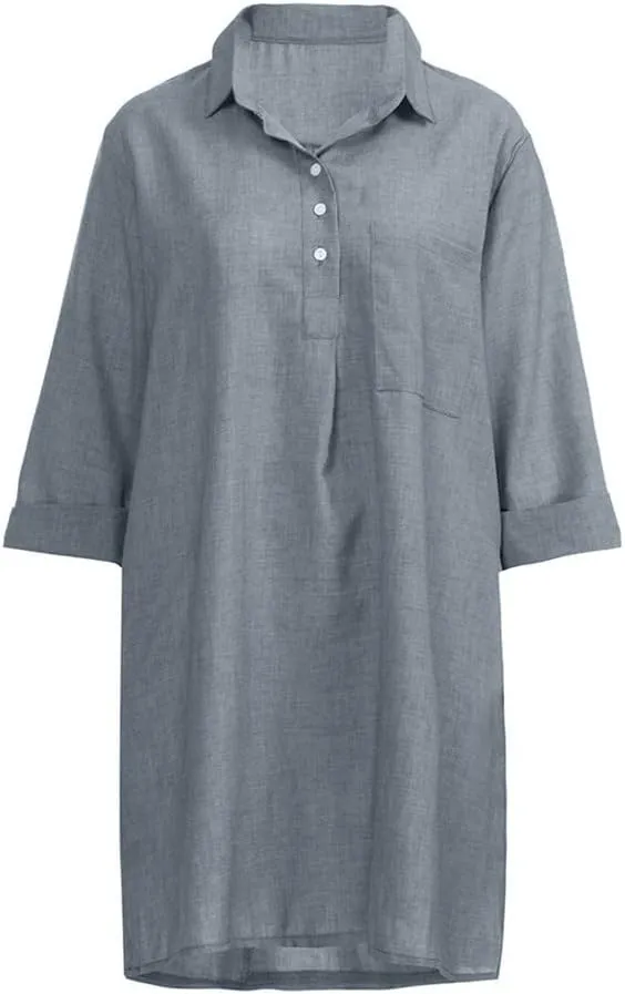Women's Summer Casual Loose Trendy Short Sleeve Button Down Collar Solid Color Sun Beach Linen Dress Plus Size, S-5XL