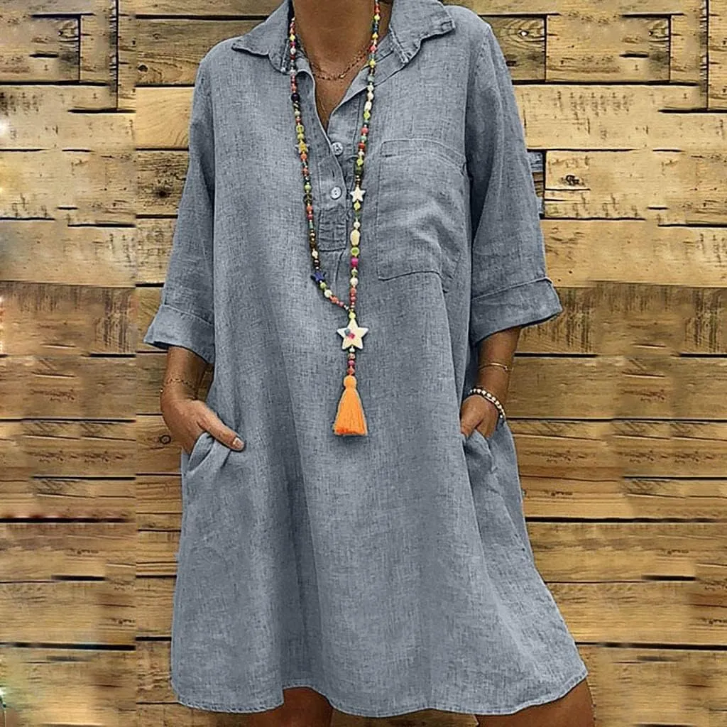 Women's Summer Casual Loose Trendy Short Sleeve Button Down Collar Solid Color Sun Beach Linen Dress Plus Size, S-5XL