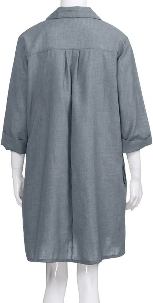 Women's Summer Casual Loose Trendy Short Sleeve Button Down Collar Solid Color Sun Beach Linen Dress Plus Size, S-5XL