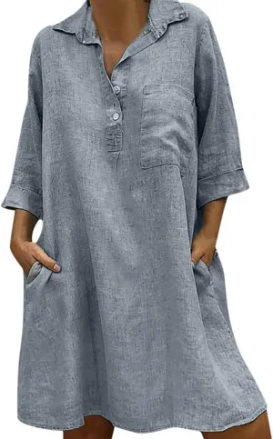 Women's Summer Casual Loose Trendy Short Sleeve Button Down Collar Solid Color Sun Beach Linen Dress Plus Size, S-5XL